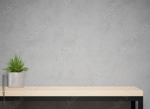 Fototapeta Naklejka Na Ścianę i Meble -  Mockup of an office work place with concrete wall, wooden table, 3d rendering. Template and background of a study of home office room with copy space