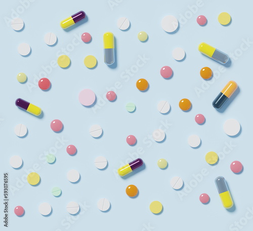 Various pills on blue background, 3d rendering. Prescription pills or drugs abuse, overdose or healthcare issues concept