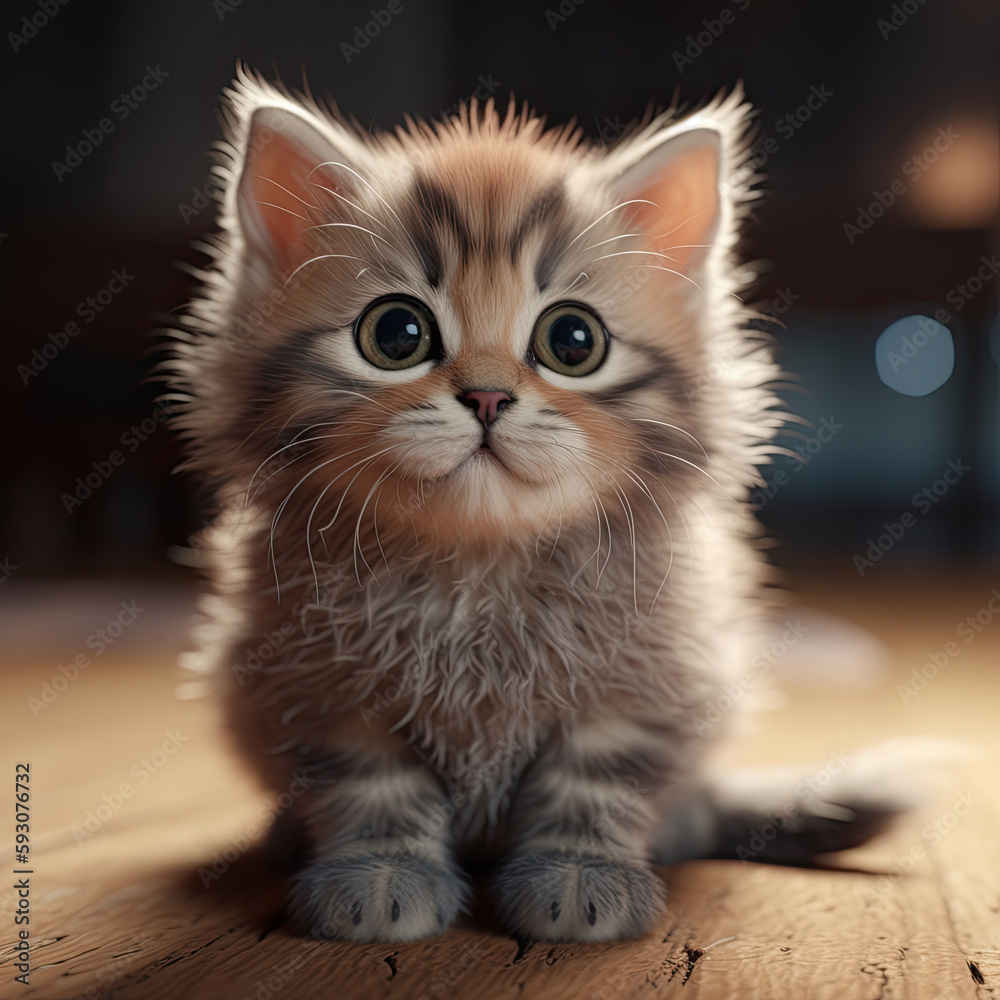 Adorable 3D Kitten with Big Reflective Eyes and Fuzzy Fur