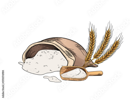 Outline sketch of bag of flour with shovel vector illustration on white background