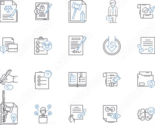 Lawyer outline icons collection. Lawyer, Attorney, Barrister, Advocate, Solicitor, Barrack, Jurist vector and illustration concept set. Counselor, Litigator, Arbitrator linear signs photo