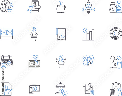 Investment management outline icons collection. Invest, Management, Funds, Portfolio, Equity, Return, Savings vector and illustration concept set. Risk, Financial, Investment linear signs