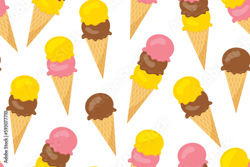 seamless summer pattern with various of ice cream flavor in waffle cones - vector illustration