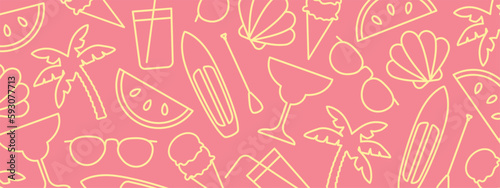 summer banner with vacation related icons: palm tree, sunglasses, ice cream, cocktail, juice, shell, SUP board, watermelon - vector illustration