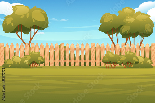 Backyard with wooden fence hedge sunny summer sky on background vector illustration