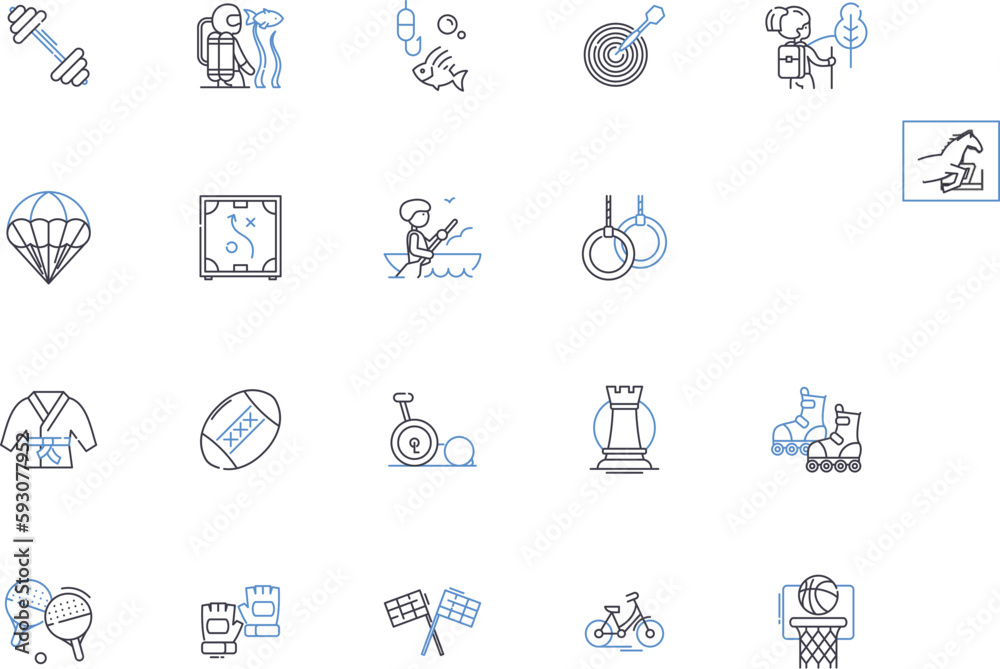 Fototapeta premium Sport activities outline icons collection. Sports, Activities, Games, Exercise, Running, Swimming, Football vector and illustration concept set. Basketball, Baseball, Hockey linear signs