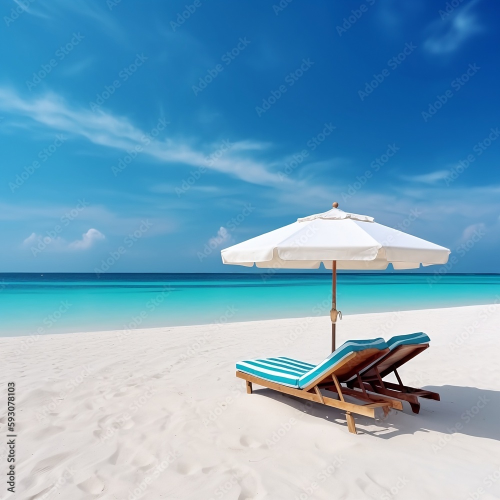 Beautiful beach banner with white sand, chairs and white umbrella Beautiful beach banner with white sand, chairs and white umbrella