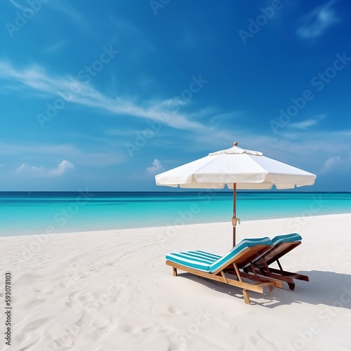 Beautiful beach banner with white sand, chairs and white umbrella