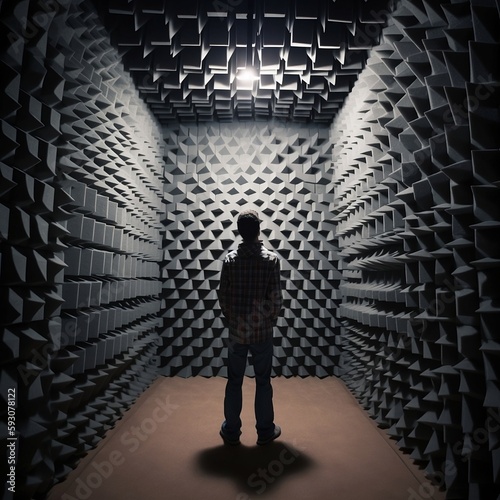 A person standing in an isolated, silent and disoriented anechoic chamber