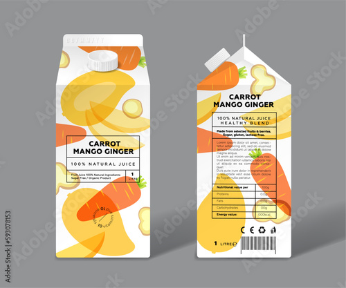 Transparent Mango, Carrot and Ginger. Slices and half of fruits and Ginger. Template packaging design.
