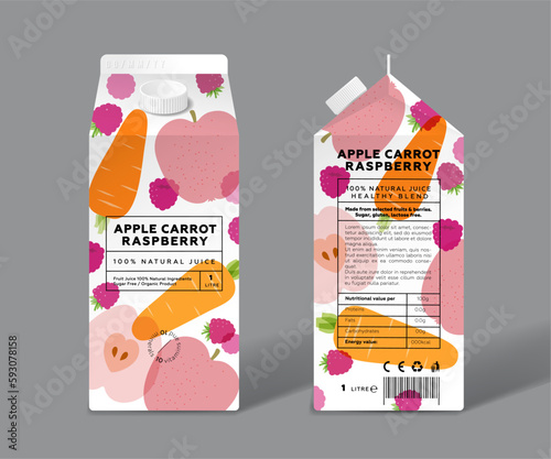 Transparent Red Apple, Carrot and Raspberry. Slices and half of fruits and berries. Template packaging design.