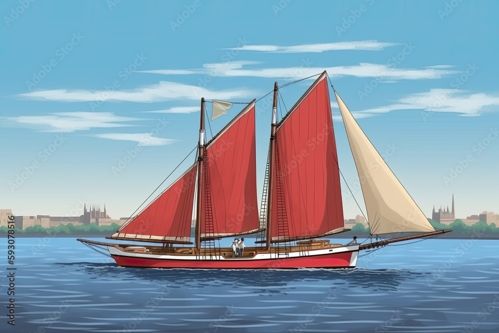 vibrant red sailboat gliding on the sparkling waters. Generative AI