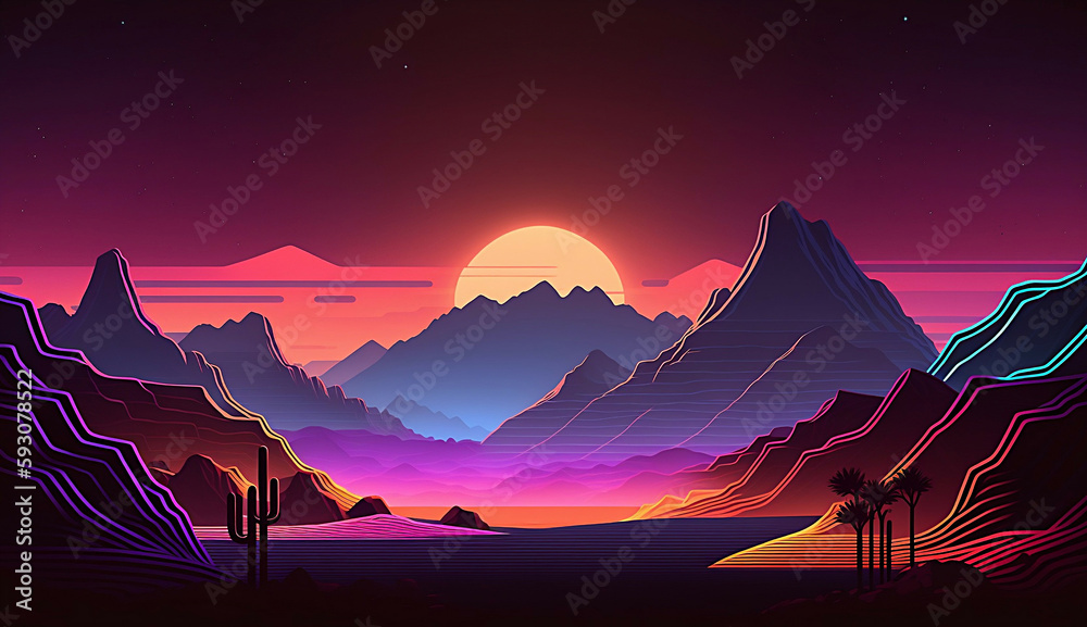 Neon night landscape with mountains new quality universal colorful technology stock image illustration design generative ai