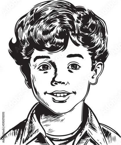 Vintage kids 60s style young kids . Retro comics black and white ink drawing, American cartoon advertising illustration, vector, SVG