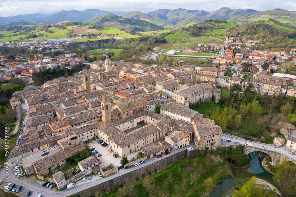 Aerial view of Piobbico town in Marche region in Italy