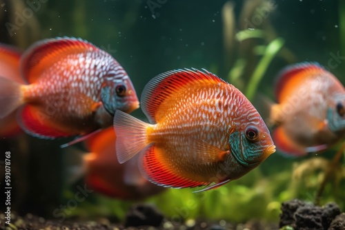 Close-up selective focus of an aquatic aquarium with colorful fish from the Symphysodon discus. Generative AI