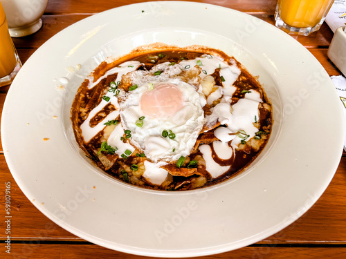 chilaquiles with egg served on a white plate