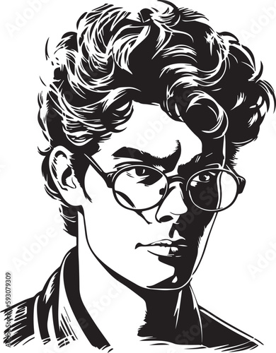 Vintage man in glasses 60s style young man . Retro comics black and white ink drawing, American cartoon advertising illustration, vector, SVG