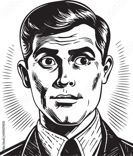 Vintage man  60s style young man . Retro comics black and white ink drawing, American cartoon advertising illustration, vector, SVG