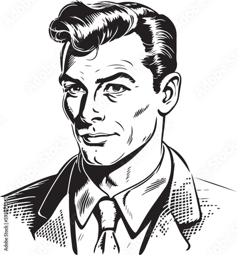 Vintage man  60s style young man . Retro comics black and white ink drawing, American cartoon advertising illustration, vector, SVG