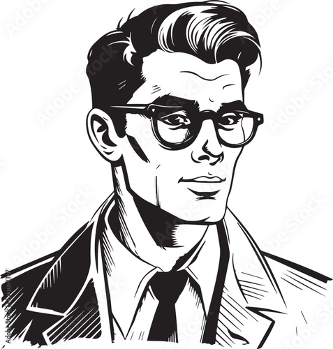 Vintage man in glasses 60s style young man . Retro comics black and white ink drawing, American cartoon advertising illustration, vector, SVG