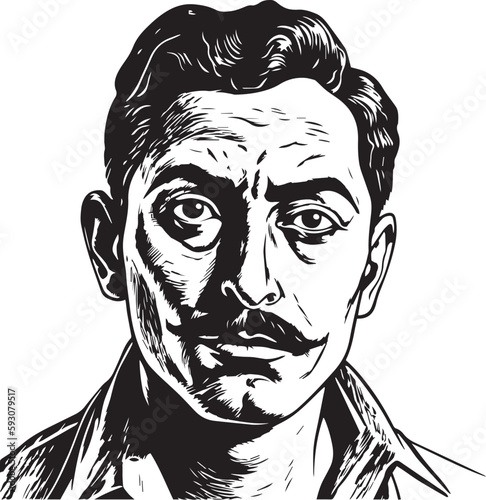 Vintage Mexican  man with mustache   60s style young man . Retro comics black and white ink drawing, American cartoon advertising illustration, vector, SVG