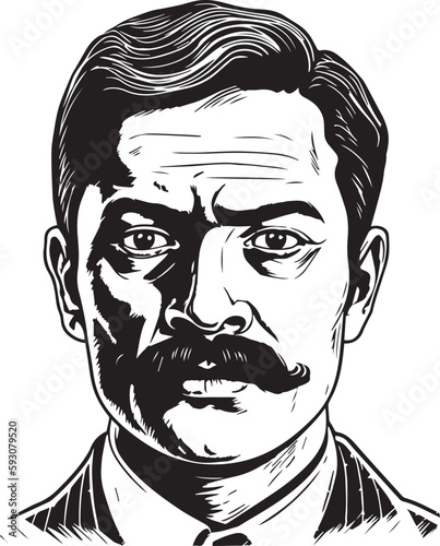 Vintage Mexican  man with mustache   60s style young man . Retro comics black and white ink drawing, American cartoon advertising illustration, vector, SVG
