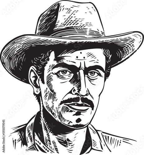 Vintage Mexican  man with mustache   60s style young man . Retro comics black and white ink drawing, American cartoon advertising illustration, vector, SVG