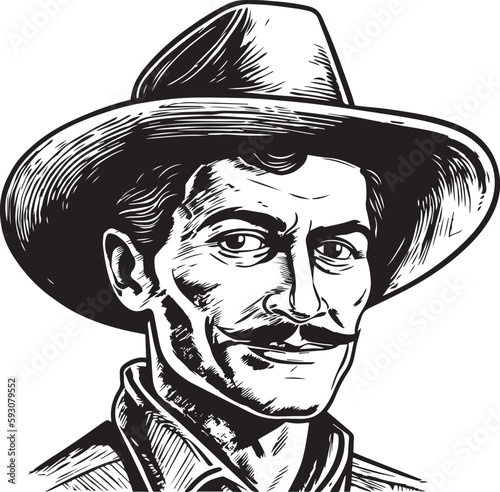 Vintage Mexican  man with mustache   60s style young man . Retro comics black and white ink drawing, American cartoon advertising illustration, vector, SVG