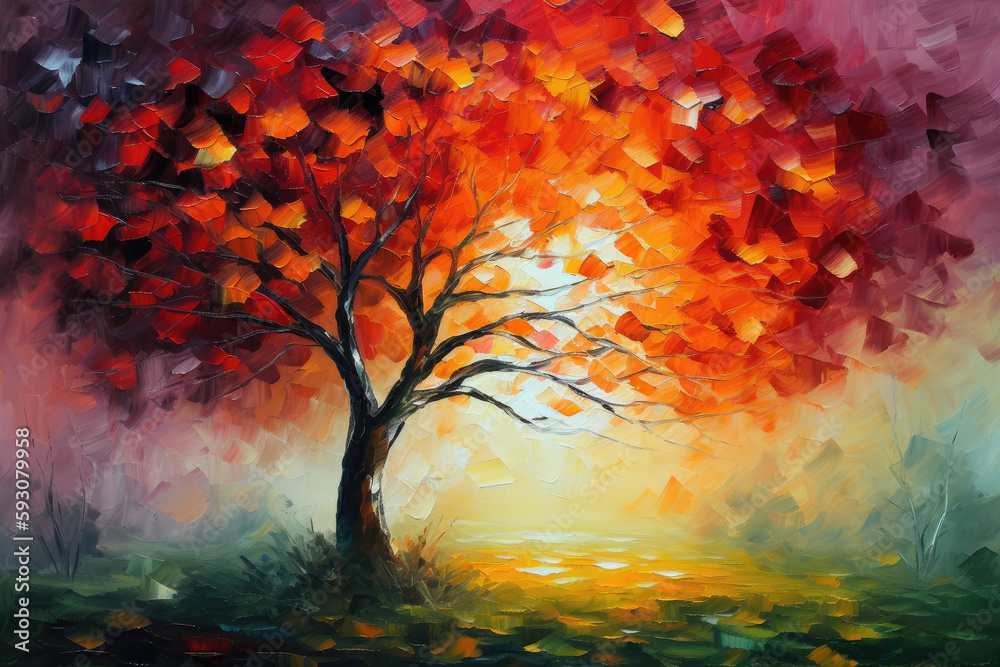 Colorful Autumn Tree Oil Painting. AI generative