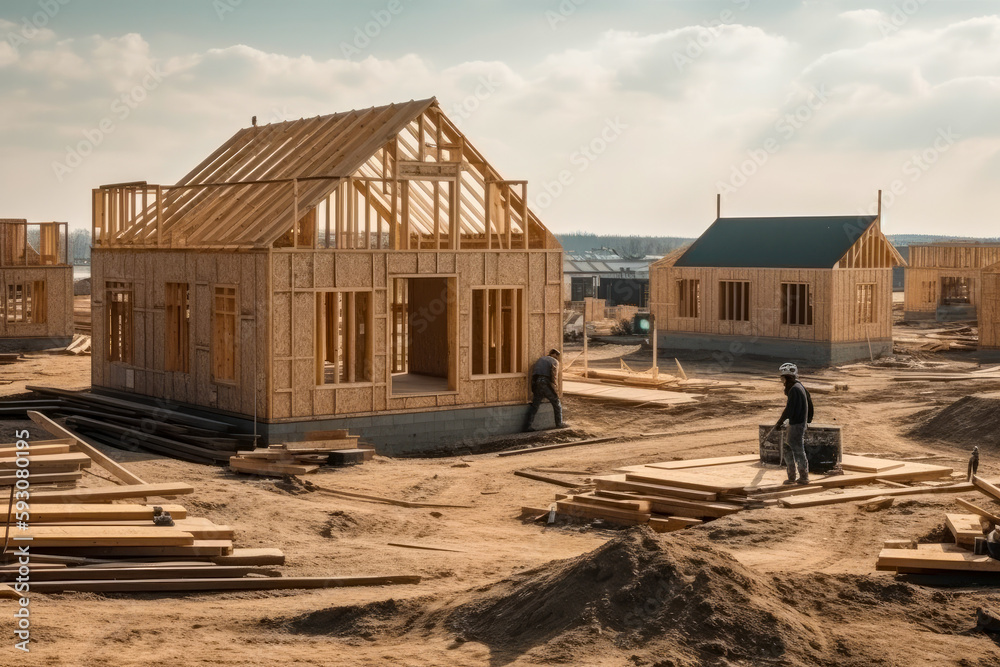 Typical american wooden house construction site with workers doing work, high quality generative ai Typical american wooden house construction site with workers doing work, high quality generative ai