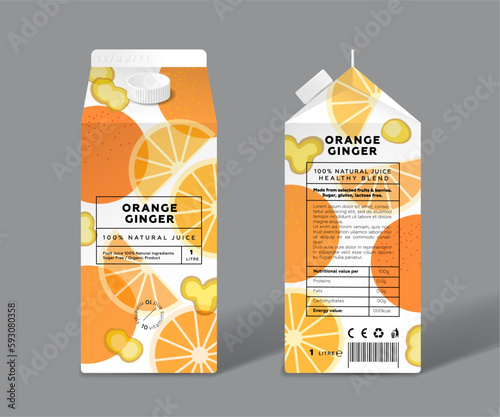 Orange and Ginger juice. Transparent fruits,  slices of fruits and ginger pieces. Template packaging design.
