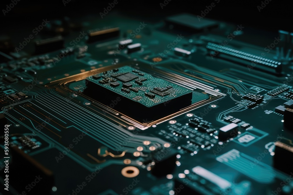 A modern circuit microchip for security against a technical background. Generative AI