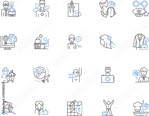 Professions outline icons collection. Doctor, Lawyer, Teacher, Engineer, Pilot, Musician, Chef vector and illustration concept set. Dentist, Actor, Artist linear signs