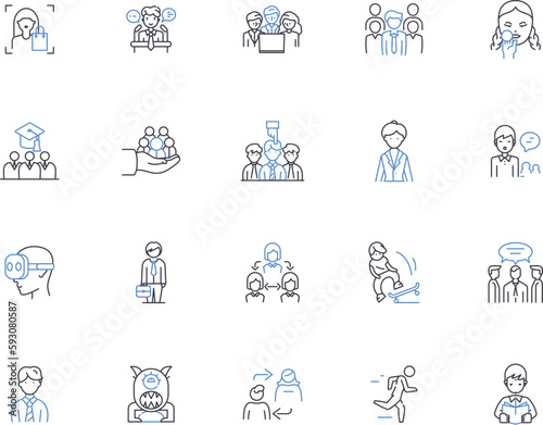 Young people outline icons collection. Youth, teens, adolescents, youngsters, juveniles, millennials, Gen-Z vector and illustration concept set. preschoolers,, linear signs