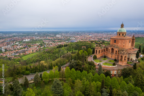 Aerial view of sanctuary of Madonna di San Luca in Bologna 