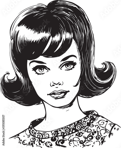 Vintage woman 60s style young woman. Retro comics woman head black and white ink drawing, American cartoon advertising illustration, vector, SVG