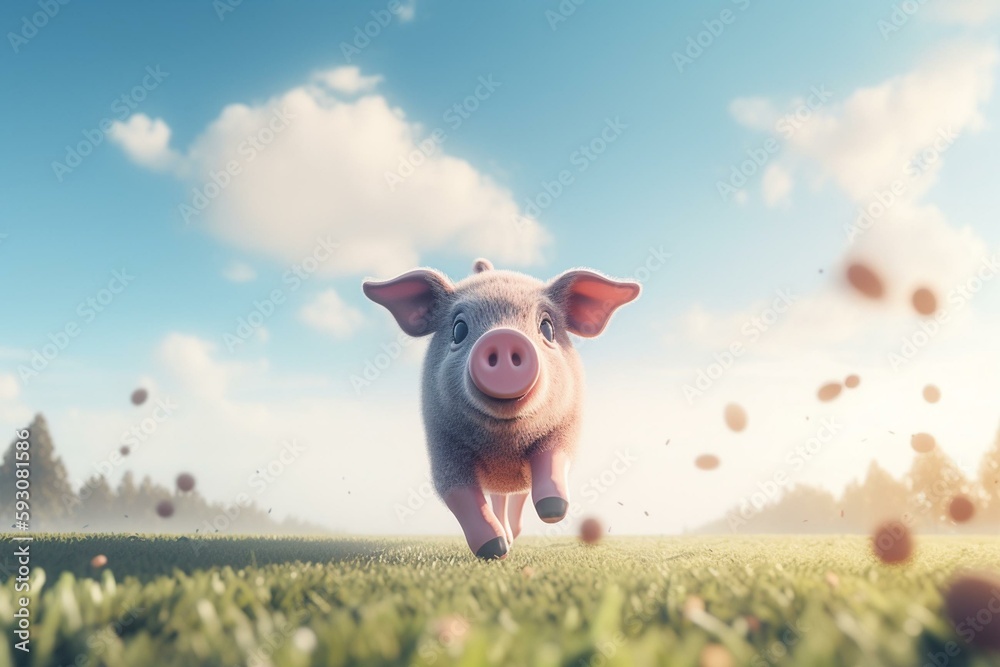 Illustration of a cute pig runs and jumps between the clouds in the sky - AI generative. Generative AI Illustration of a cute pig runs and jumps between the clouds in the sky - AI generative. Generative AI