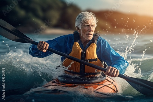 Older man kayaking in the ocean