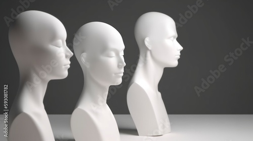 mannequin heads isolated on dark black background, Blank White Head Side view, plastic human faceless dummy figure, wig holder 3D render illustration copy space , generative ai