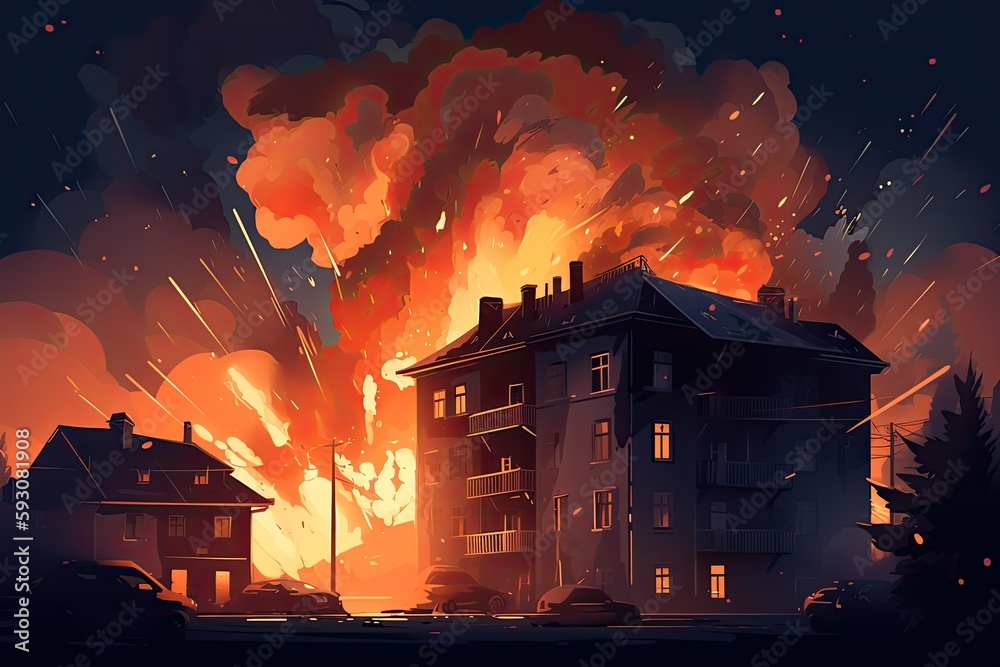 Explosive Destruction: Flames Rip Through a Residential Building, Filling the Sky With Fire and Smoke: Generative AI