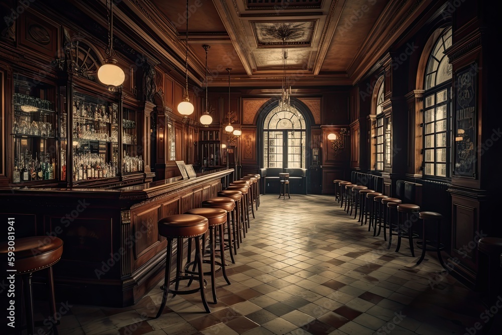 Luxurious Old-Style Bar: An Opulent Indoor Lounge with Interiors and Architecture Complete with Furniture and Lights: Generative AI