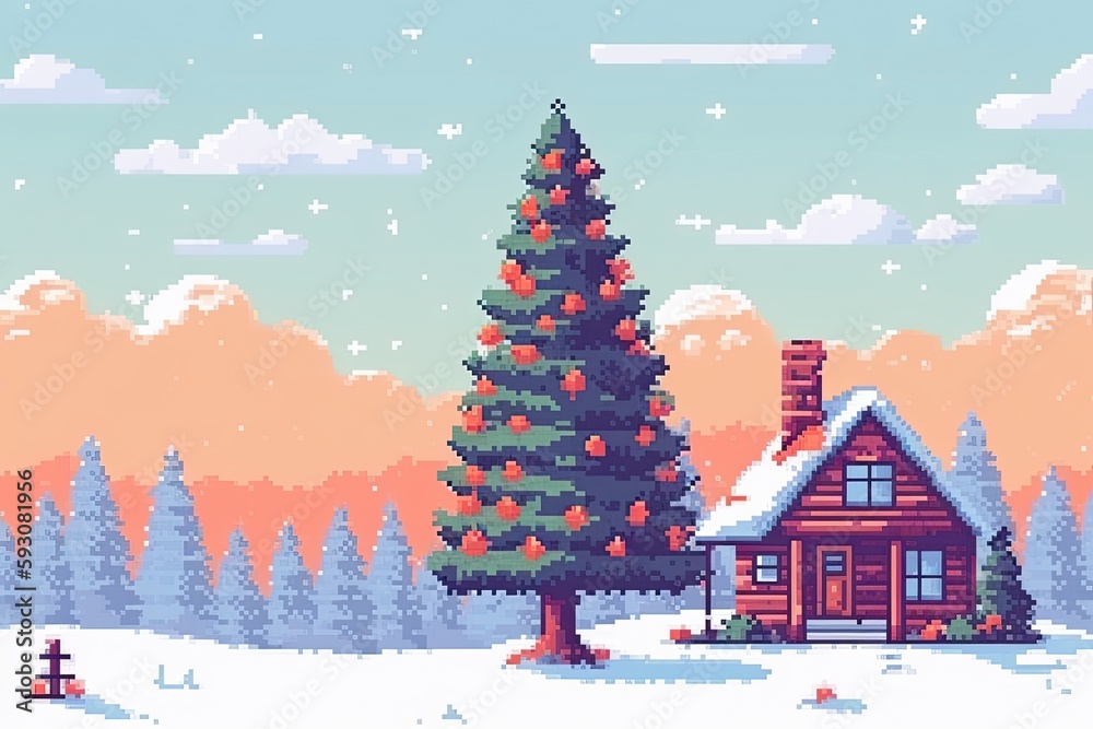 Pixel Art Winter Wonderland: Christmas Tree, House and Snowy Background Celebrate the Holidays: Generative AI