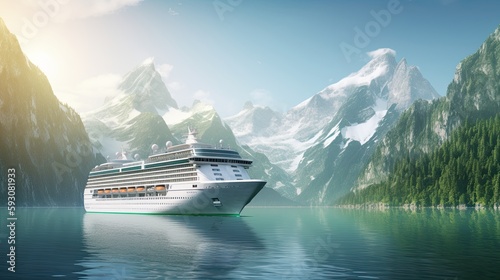 Luxury Cruise Liner Exploring Majestic Mountains: 3D Illustration: Generative AI