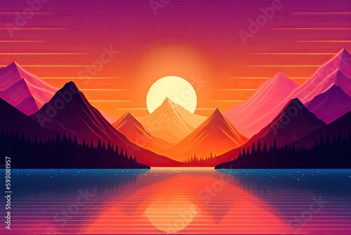 Retro 80s Synthwave Sunrise  A Majestic Banner of Orange Rays Shining on Mountains   Sea. Generative AI