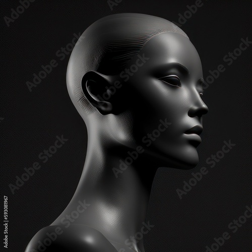 black mannequin heads isolated on dark black background, Blank White Head Side view, plastic human faceless dummy figure, wig holder 3D render illustration shadows, generative ai