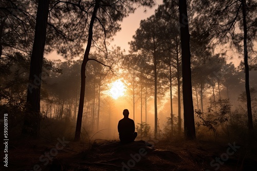 The Peaceful Journey of Mindful Contemplation - A Person Meditating in a Serene Forest Setting at Sunset. Generative AI