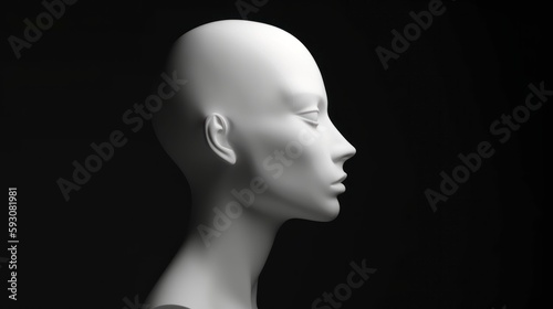 white mannequin heads isolated on dark black background, Blank White Head Side view, plastic human faceless dummy figure, wig holder 3D render illustration, generative ai