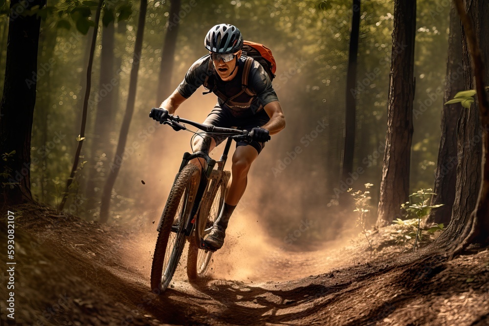 Man practicing mountain biking in the forest - obrazy, fototapety, plakaty 
