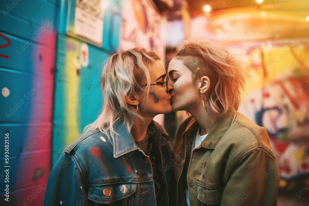 Alternative looking modern lesbian women couple kissing on the street Generative AI